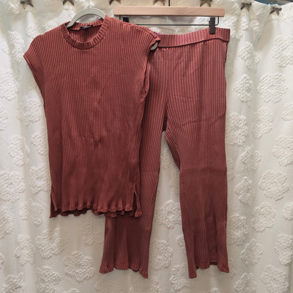 Eileen Fisher Ribbed Knit‎ Set Terracotta Rust Sleeveless Top Pants Womens Large